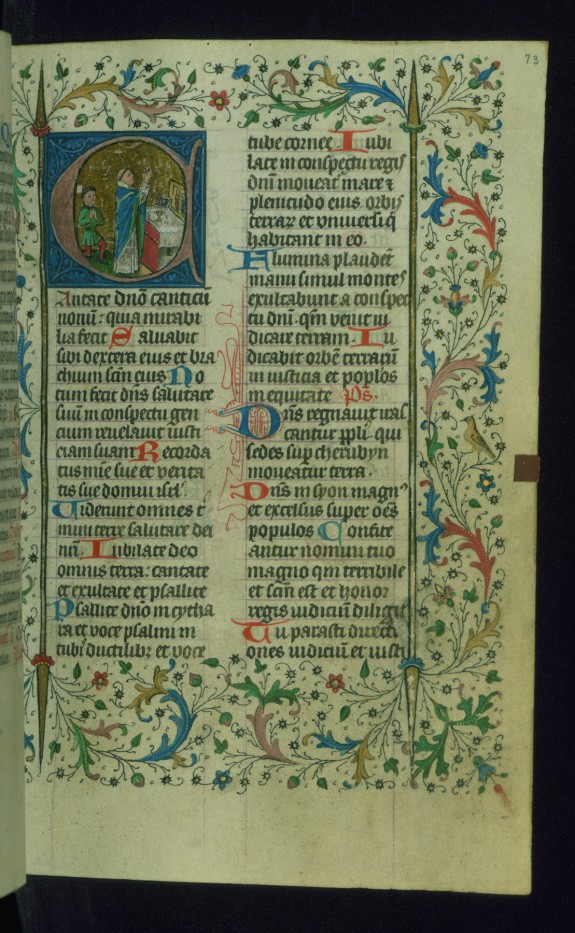 Leaf from Breviary: Psalm 97, Initial C with Elevation of the Host and a Man Kneeling