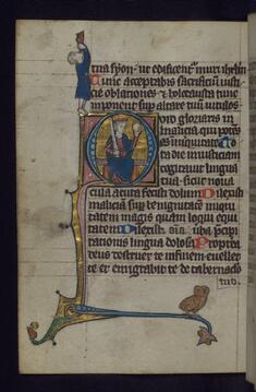 Image for Initial Q with David Enthroned with Sword and Orb; Owl and Man Blowing Horn in Margins