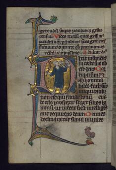 Image for Initial D with Fool Holding a Club and Eating a Loaf of Bread; Rooster in Margins