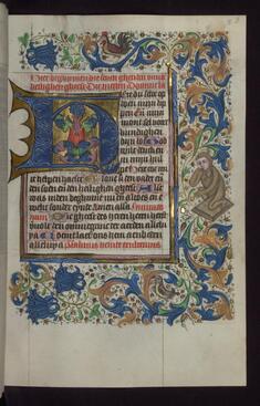 Image for Foliate Initial "H" (Here du Selte) with Human-faced Animal in Margin