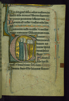Image for Leaf from Psalter of Jernoul de Camphaing: Initial C with Three Clerics "Singing" before Open Book on Lectern