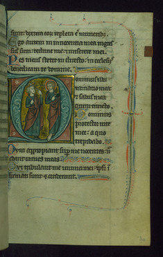 Image for Leaf from Psalter of Jernoul de Camphaing: Initial D with King David Pointing to Eyes before Christ