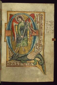Image for Initial "Q" with St. Michael slaying a dragon