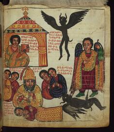 Image for Above: How Satan flew away like a raven/crow when Euphemia showed him the picture of St. Michael;
Below: How Satan came (again) looking like four women and St. Michael trod on him