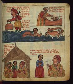 Image for Above: How he put Bahran in a body of water, and how a shepherd found the child and brought him from the body of water;
Below: How the shepherd delivered the child, and the nobleman gave a sealed letter to Bahran