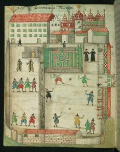 Image for Page from Liber Amicorum of Joannes Carolus Erlenwein: Men at Play on the Grounds of the Seminary at Fulda