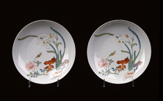 Image for Pair of "Famille Rose" Dishes with Narcissus, Rose, and Fungus