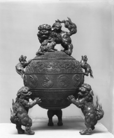 Image for Covered globular container with twelve animals; scroll-leaf design, shishi supports