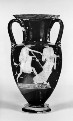 Image for Amphora Depicting a Youth with Petasos and Woman and an Athlete