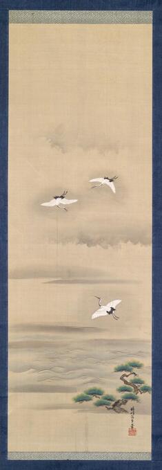 Image for Three Cranes Flying in a Misty Landscape