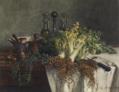 Image for Still Life on Kitchen Table with Celery, Parsley, Bowl, and Cruets