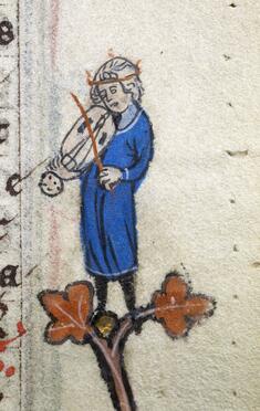 Image for Leaf from Book of Hours: Matins Lesson 5, Initial V with Haloed Monk with Rod and a Man Playing a Vielle in the Margin