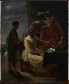 Image for Tavern Owner on a Veranda with Two of Her Staff and a Client