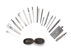 Image for Pocket Instrument Case Containing a Set of 17 Small Instruments: Razor, Pen, Knife, Scissors, File, Powder Spoon, Saw