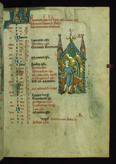 Image for Leaf from Psalter: November Calendar, Man Knocking Acorns Out of a Tree to Feed Pigs
