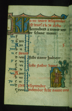 Image for Leaf from Book of Hours: September Calendar, Man Harvesting Fruit from a Tree