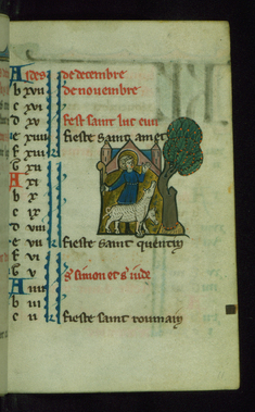 Image for Leaf from Book of Hours: October Calendar, Man Harvesting Acorns for Two Pigs