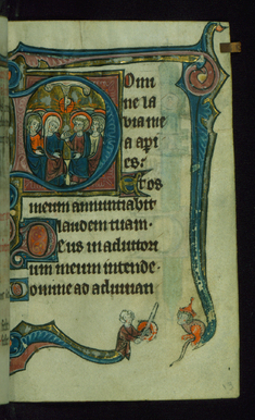 Image for Leaf from Book of Hours: Matins, Initial "D" with Pentecost and Marginal Drollery of a Man Battling an Ape