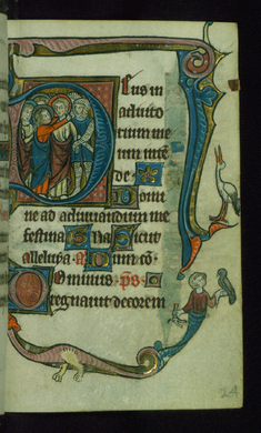 Image for Leaf from Book of Hours: Lauds, Initial "D" with the Betrayal of Christ and Marginal Drollery of a Crane, Falconer, and Dragon