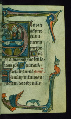Image for Leaf from Book of Hours: None, Initial "D" with 3 Marys at the Tomb of Christ with Marginal Drollery of a Bird and Anthropomorphic Creatures