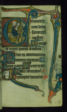 Image for Leaf from Book of Hours: Compline, Initial "C" with Flight into Egypt and Marginal Drollery of a Woman Holding a Spoon and Bread-trough