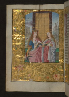 Image for Leaf from Aussem Hours: Prayer to Saint Catherine, Saints Catherine and Barbara with Gold and Floral Marginal Decoration