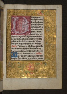 Image for Leaf from Aussem Hours: Prayer to St. Catherine, Foliate Initial "B" with Gold and Floral Marginal Decoration