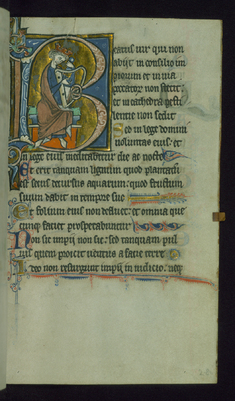 Image for Leaf from Psalter: Psalm 1, Initial B with King David Playing Harp