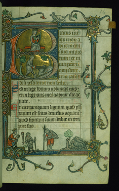 Image for Leaf from Psalter: Psalm 1, Initial B with David Harping Above and Decapitating Goliath Below