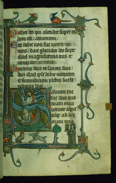 Image for Leaf from Psalter: Psalm 68, Initial S with Christ Blessing Above and David in a Boat Below
