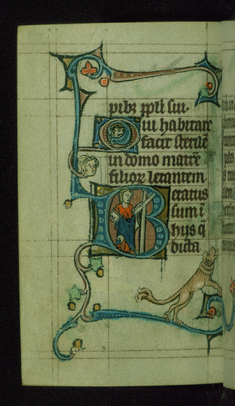 Image for Leaf from Book of Hours: Vespers from Hours of the Virgin, Initial B with an Apostle (?) Carrying a White Book and Cross
