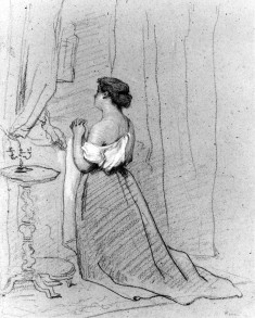 Woman Kneeling in Prayer Beside Bed