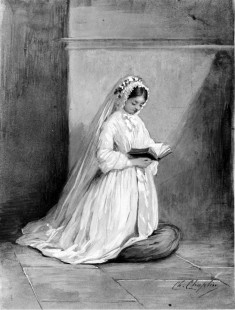 Girl in Confirmation Dress at Prayer