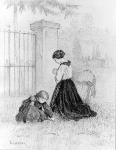 Woman Kneeling in Prayer in a Cemetery