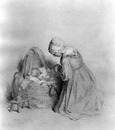 Woman Praying Beside Baby in Cradle