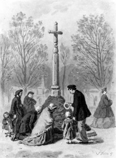 Group of Persons at the Foot of a Cross in the Cemetery