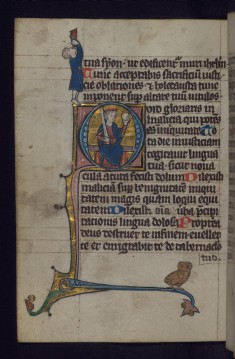 Initial Q with David Enthroned with Sword and Orb; Owl and Man Blowing Horn in Margins