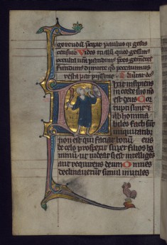 Initial D with Fool Holding a Club and Eating a Loaf of Bread; Rooster in Margins