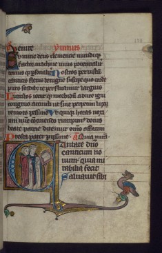 Initial C with Two Clerics at a Lectern; Hybrid Animal in Margins