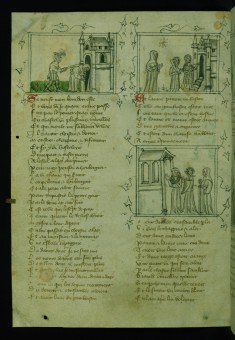 Porter Strikes Pilgrim with Club on Back, Pilgrim Enters Church; Pilgrim Sees Charity and Voluntary Poverty Approaching Church; Obedience and Discipline Enter Church, Pilgrim at Right