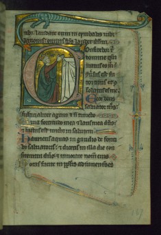 Leaf from Psalter of Jernoul de Camphaing: Initial C with King Praying before Altar