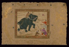 Single Leaf of an Elephant with Mahout Attacking Four Men