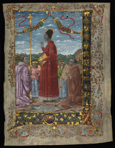 Miniature:saints with attendants; 20th c. painting on 14th c.Antiphonary;
