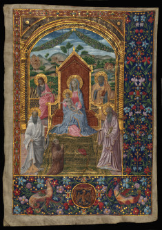 Miniature:virgin and child with saints; 20th c. painting on 14th c. Antiphonary