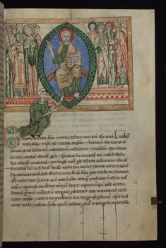 Leaf from Speculum Virginum: Christ in Majesty Flanked by Mary, John the Evangelist, and Saints with a Kneeling Monk