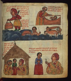 Above: How he put Bahran in a body of water, and how a shepherd found the child and brought him from the body of water;
Below: How the shepherd delivered the child, and the nobleman gave a sealed letter to Bahran