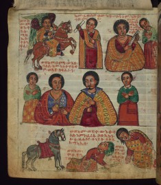 Above: How St. Michael came on horseback to change the bad content of the sealed letter to good, and how the wife of the nobleman received the letter; Middle: How the wealthy man heard that they married Ba?ran to his daughter; Below: How the wealthy man fell from his horse when what he planned did not happen, and how he and his wife died of shock
