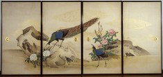Peacock and Peahen with Chick and Peonies