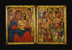 Diptych with Mary and Her Son Flanked by Archangels, Apostles and a Saint