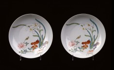 Pair of "Famille Rose" Dishes with Narcissus, Rose, and Fungus